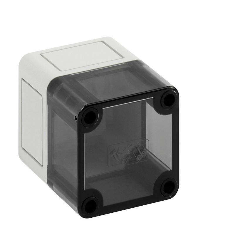Petit boîtier électrique gris avec un panneau frontal transparent foncé et quatre vis d'angle, présenté sur un fond blanc.