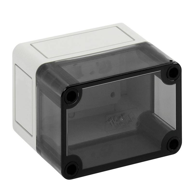 Boîtier d'encloisonnement électrique en plastique transparent avec couvercle avant teinté fumé foncé et quatre trous de vis d'angle