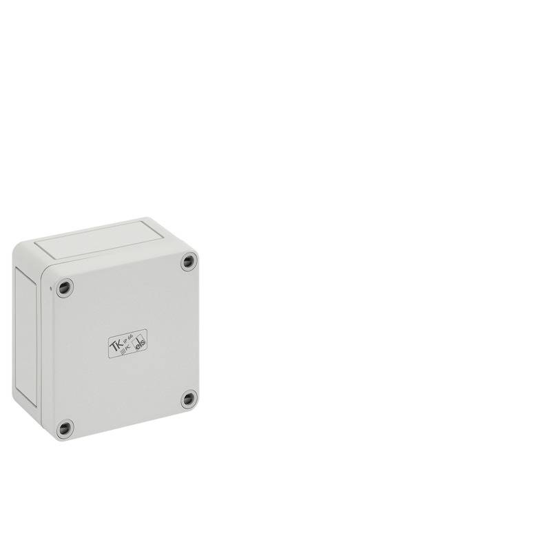 Gray electrical junction box with four corner screws on a white background