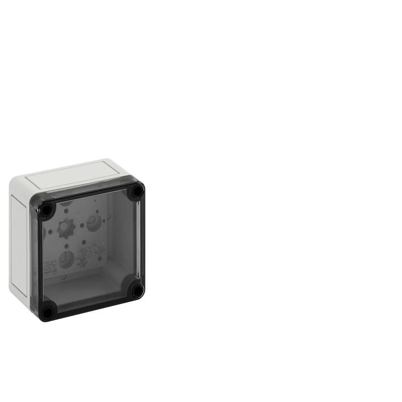 Small gray electrical enclosure with a dark transparent front cover and four corner screws, shown on a plain white background.