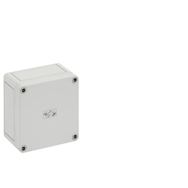 Boîte de jonction électrique rectangulaire gris clair avec un couvercle avant scellé et quatre vis d'angle sur un fond blanc.