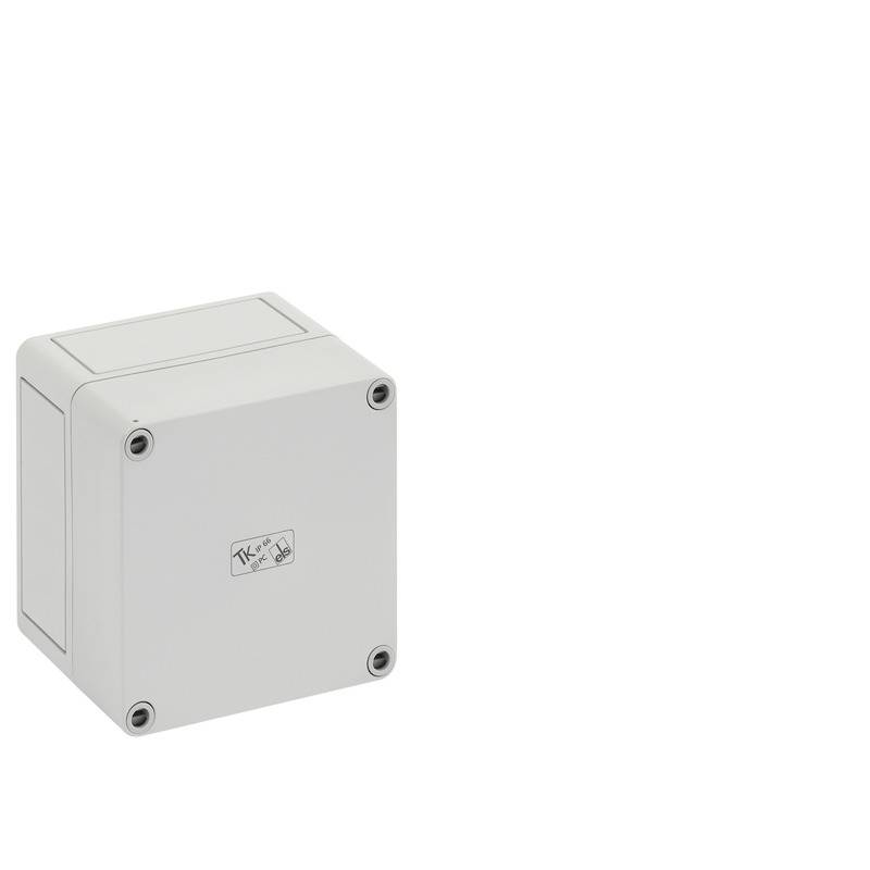 Boîtier de jonction électrique rectangulaire gris avec quatre vis d'angle sur un fond blanc.