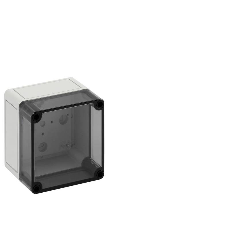 Petit boîtier électrique de couleur grise avec une façade avant transparente foncée et quatre vis d'angle, présenté sur un fond blanc.