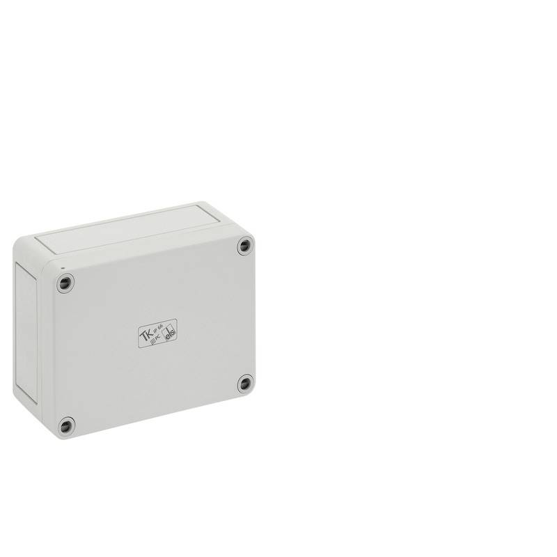 Boîtier de jonction électrique gris avec quatre vis d'angle sur un fond blanc uni.