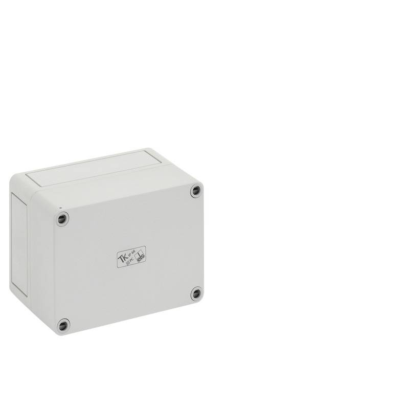 Boîte de jonction électrique gris clair avec quatre vis d'angle, présentée isolée sur un fond blanc.