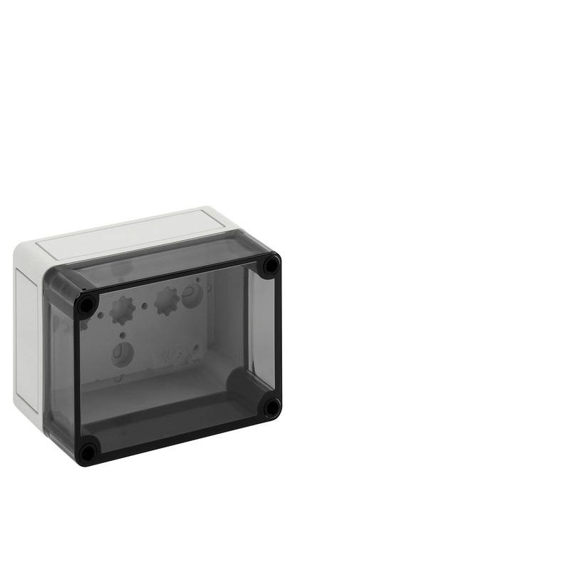 Petite boîte de projet électrique grise avec un couvercle avant transparent foncé et quatre vis d'angle sur un fond blanc