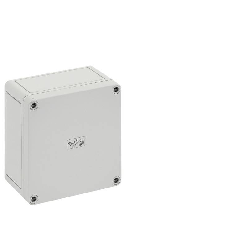 Boîtier de jonction électrique gris clair avec quatre vis aux coins sur un fond blanc.