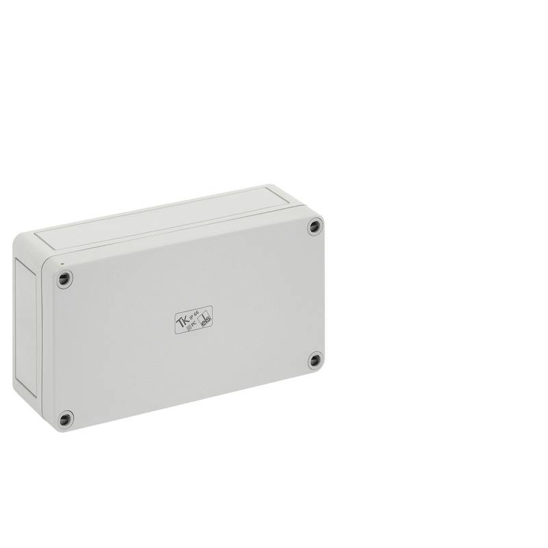 Boîtier de jonction électrique rectangulaire en plastique gris clair avec quatre vis d'angle sur fond blanc.