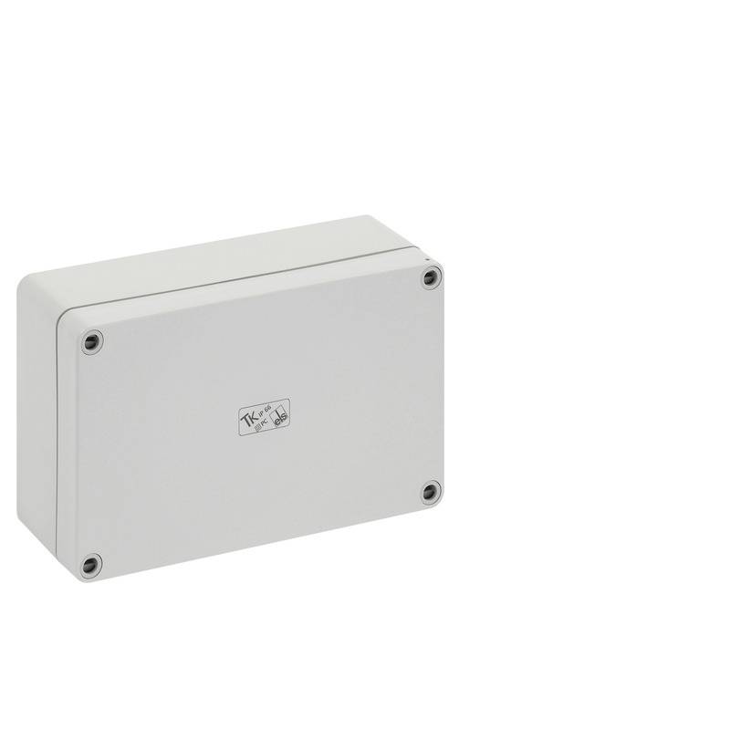 Boîtier de jonction électrique rectangulaire gris avec couvercle à charnière et quatre vis d'angle sur un fond blanc.