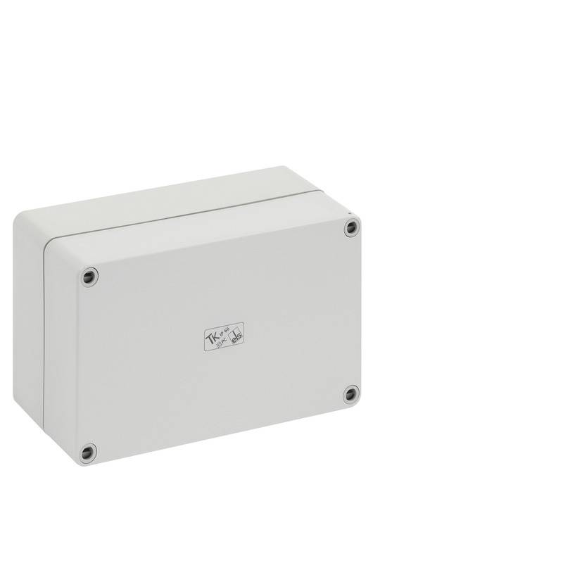 Boîte de jonction électrique rectangulaire grise avec quatre vis d'angle, affichée sur un fond blanc.