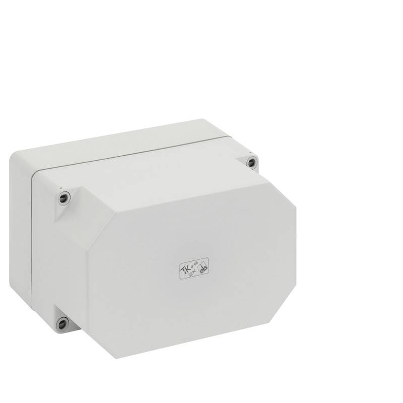 Boîte de jonction électrique rectangulaire blanche avec couvercle avant à charnière et vis de montage visibles.