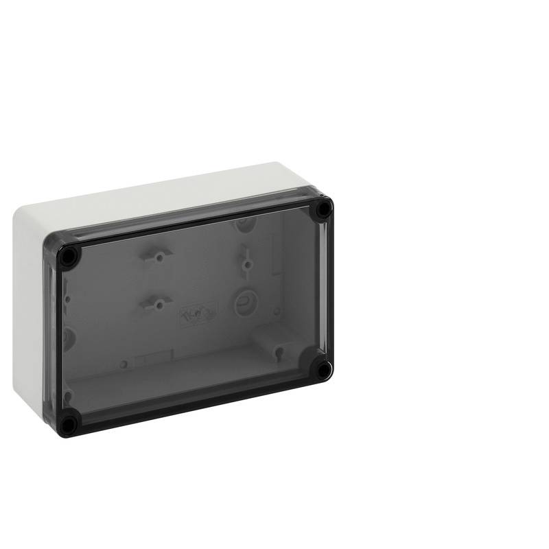 Petit boîtier rectangulaire en plastique gris avec un capot avant translucide foncé et quatre vis d'angle, montré sur fond blanc.