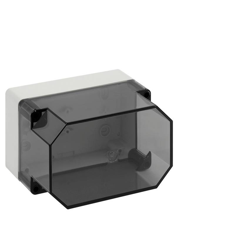 Boîtier de jonction électrique en plastique enfumé avec un couvercle frontal transparent et des trous de montage, présenté sur un fond blanc.