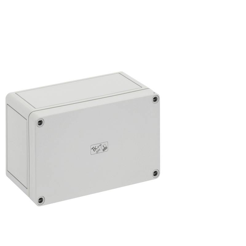 Boîtier de jonction électrique rectangulaire gris avec quatre vis d'angle, présenté sur fond blanc.
