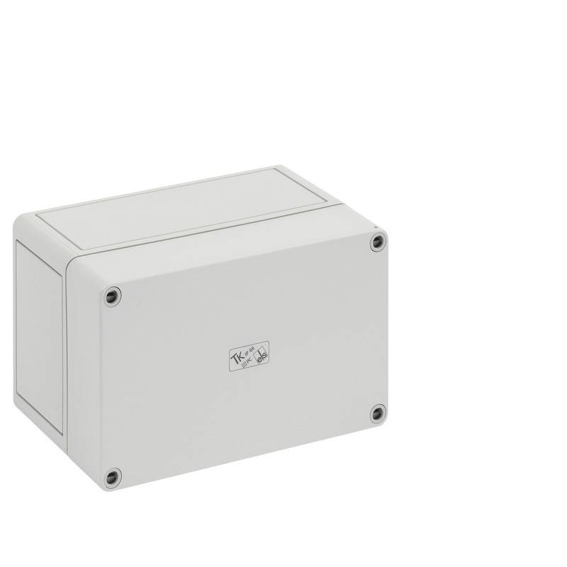 Boîte de jonction électrique rectangulaire grise avec quatre vis d'angle sur un fond blanc.