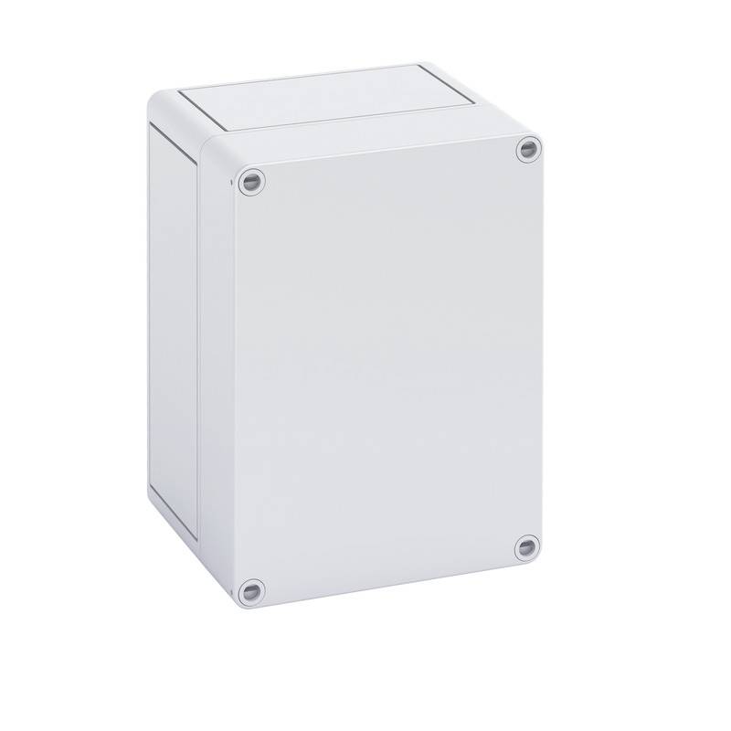 Boîte de jonction électrique blanche unie avec un couvercle avant amovible et quatre vis d'angle, présentée isolée sur un fond blanc.
