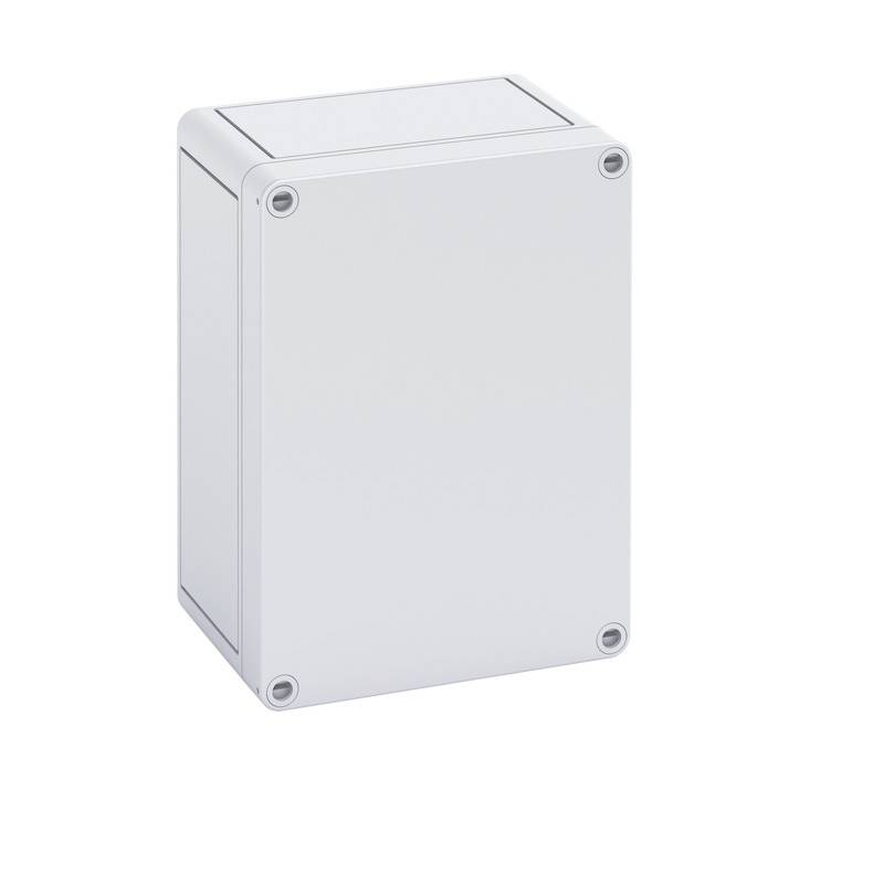 Boîtier de jonction électrique en métal gris avec un panneau avant vierge et quatre vis d'angle sur un fond blanc.