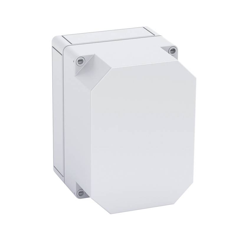 Boîtier de jonction électrique blanc ou boîtier de distribution avec couvercle à charnières et quatre vis d'angle sur un fond uni.