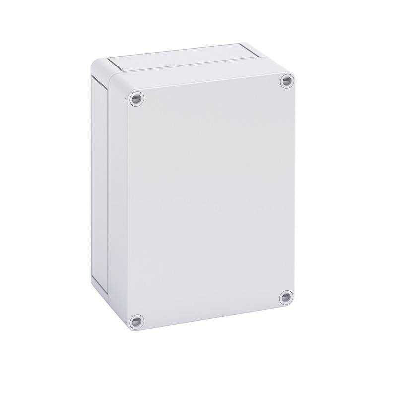 Boîte de jonction électrique blanche unie avec un couvercle amovible et quatre vis d'angle, présentée isolée sur un fond blanc.