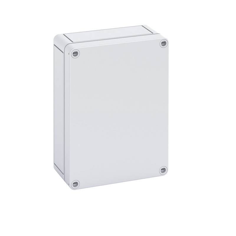 Boîtier de jonction électrique gris uni avec couvercle à vis, présenté isolé sur fond blanc.