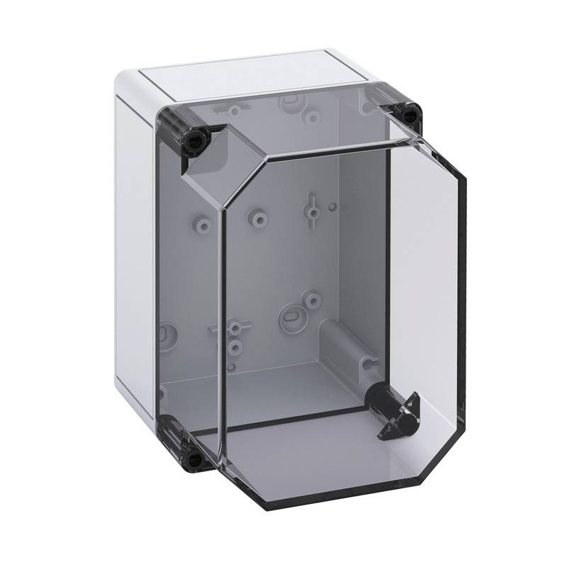 Boîtier électrique transparent avec un couvercle avant charnière gris fumé et des trous de montage, présenté isolé sur un fond blanc.