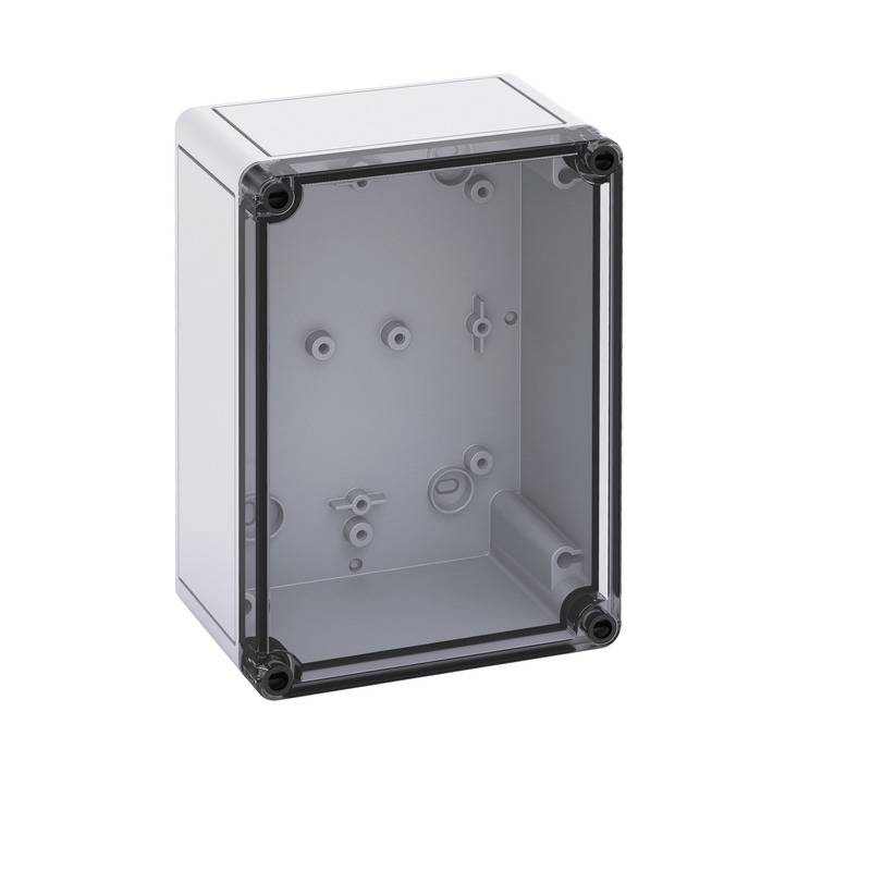 Boîtier d'enclosure électrique gris avec un panneau frontal transparent et des fixations de coin noires, montré vide sur un fond blanc.