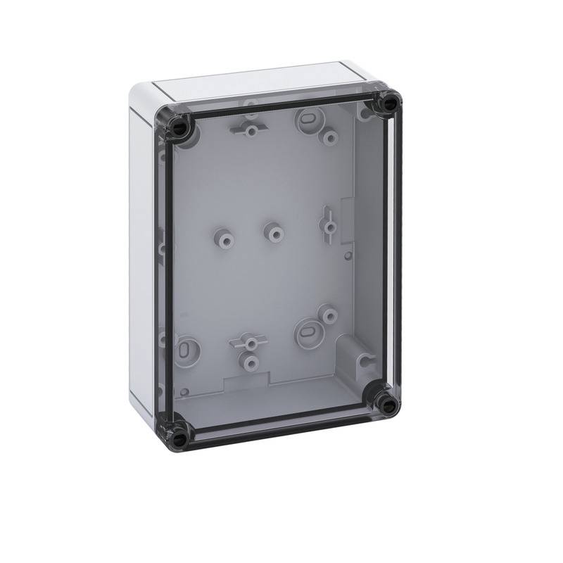 Boîtier de distribution électrique en plastique gris avec un couvercle frontal transparent, présenté vide sur un fond blanc.