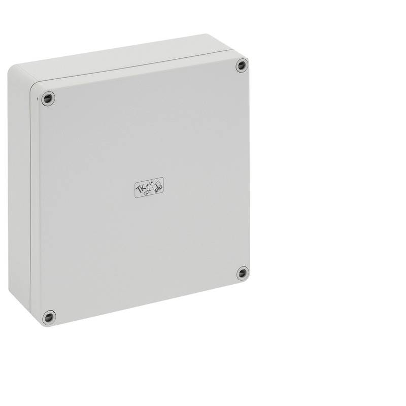 Boîtier de jonction électrique gris clair avec couvercle frontal à charnière et quatre vis d'angle, présenté sur un fond blanc.