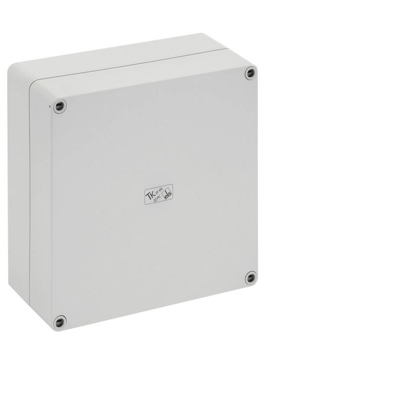 Gray metal electrical junction box with four corner screws and a plain front cover on a white background.