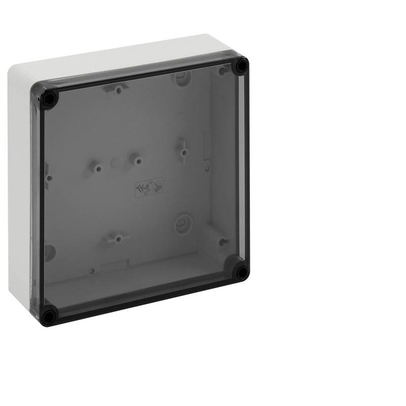 Boîtier de distribution électrique gris avec couvercle translucide foncé et vis d'angle, montré vide sur fond blanc.