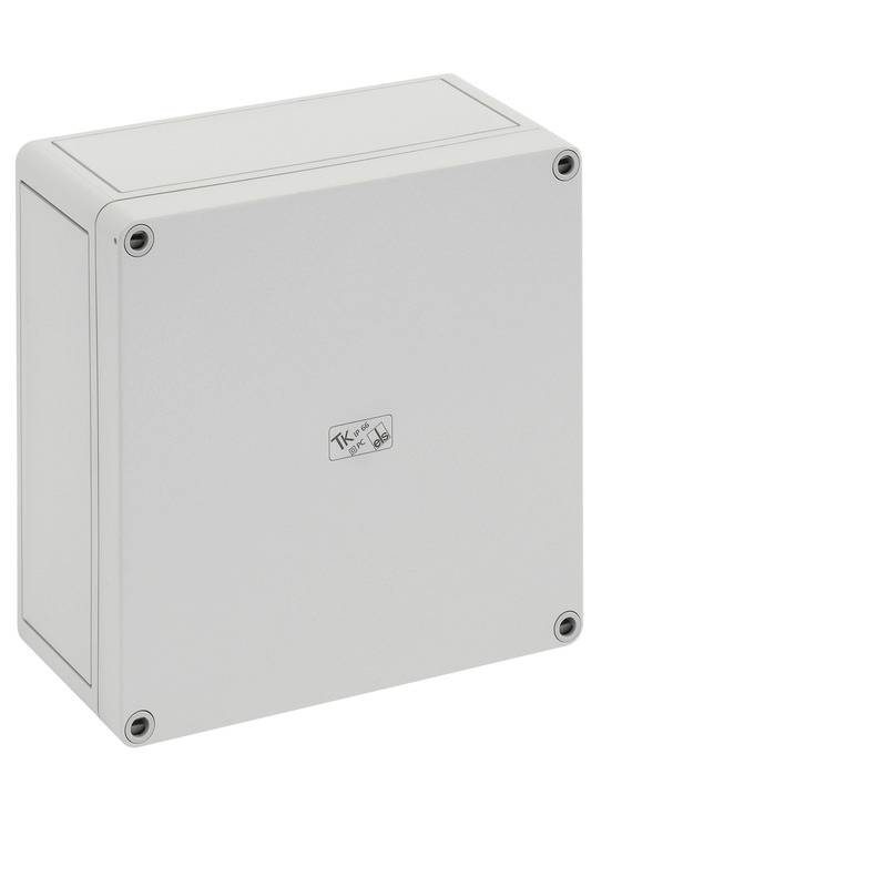 Boîte de jonction électrique grise unie avec un couvercle amovible et quatre vis d'angle, présentée isolée sur un fond blanc.