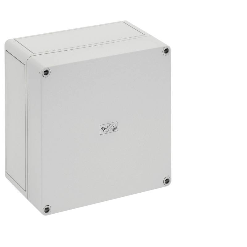 White square electrical junction box with a plain front cover and four corner screws on a white background.
