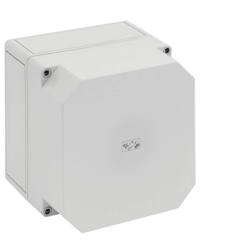 Boîtier blanc de distribution électrique de forme rectangulaire avec couvercle avant à charnière et fixations aux angles, présenté sur un fond neutre.