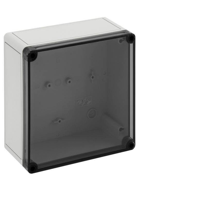 Boîte de jonction électrique carrée grise avec un couvercle translucide foncé et des fixations à vis d'angle sur fond blanc