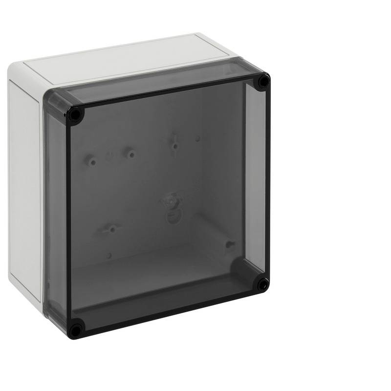 Grey electrical enclosure box with a dark transparent front cover, shown empty on a white background.