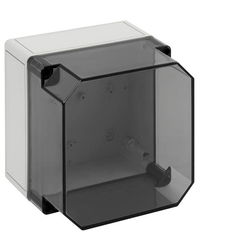 Boîtier électrique en plastique gris avec un couvercle avant transparent fumé, montré fermé sur un fond blanc.