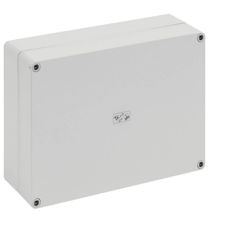 Boîte de jonction électrique en métal gris clair avec quatre vis d'angle, présentée isolée sur un fond blanc.
