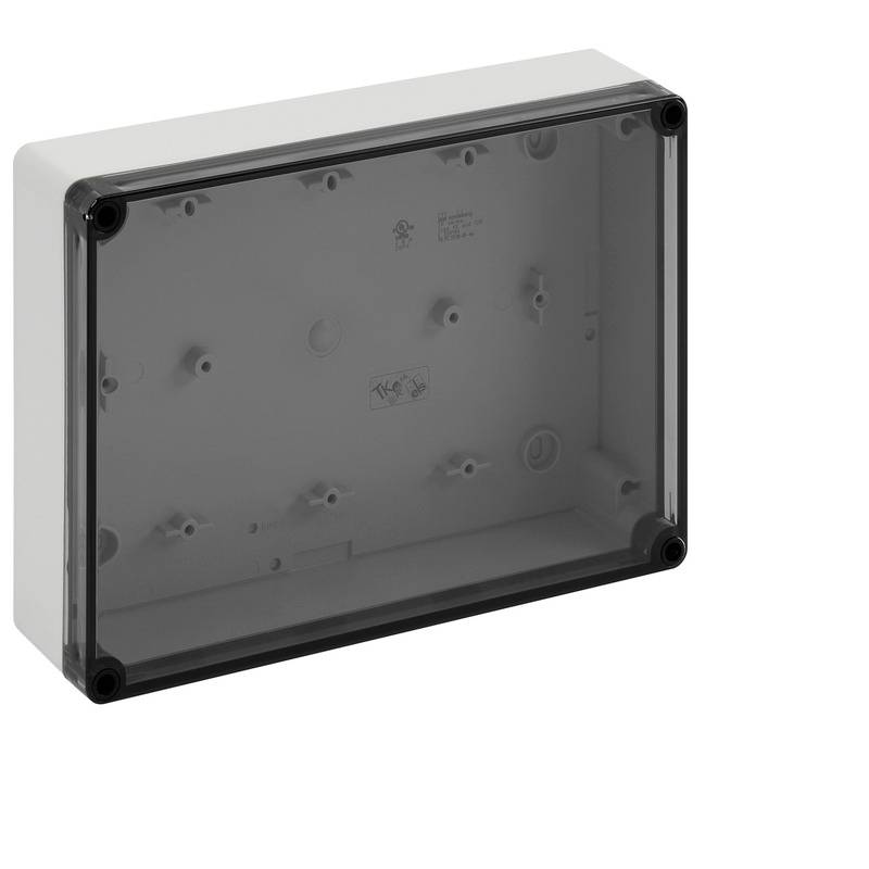 Boîtier de distribution électrique en plastique gris transparent avec un couvercle frontal noir à visser, présenté sur un fond blanc.