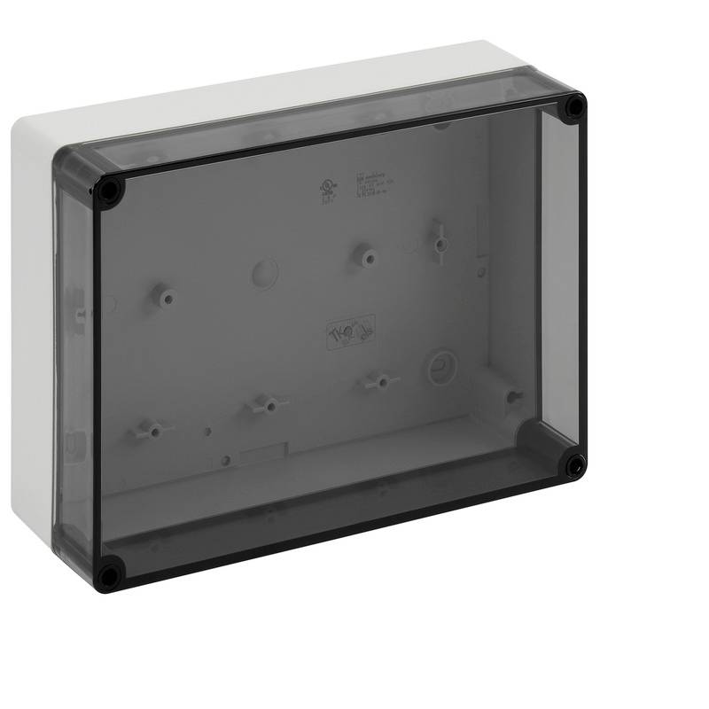Boîte de coffret électrique en plastique gris avec un couvercle transparent foncé, présentée en perspective sur un fond blanc.