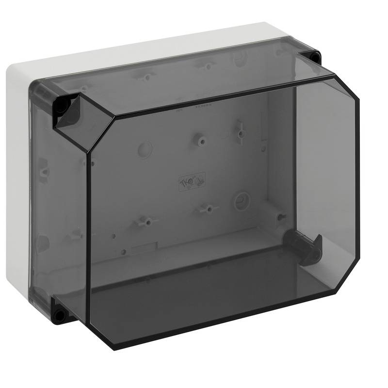 Armoire électrique rectangulaire grise avec un panneau avant transparent et des supports d'angle noirs, présentée vide sur un fond blanc.