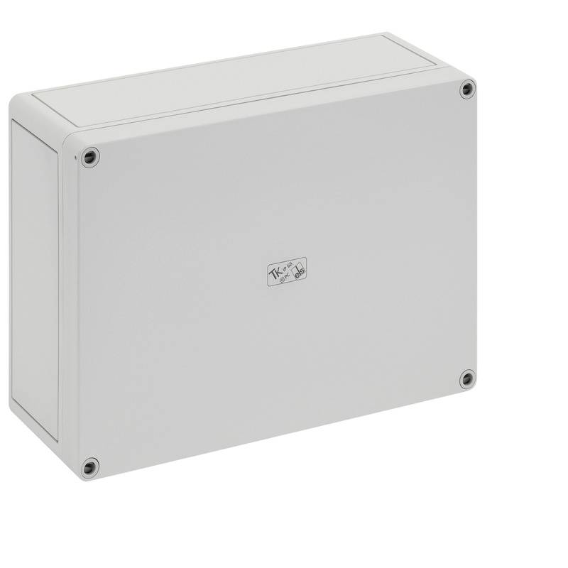 Light gray rectangular electrical enclosure box with four corner screws, shown against a white background.