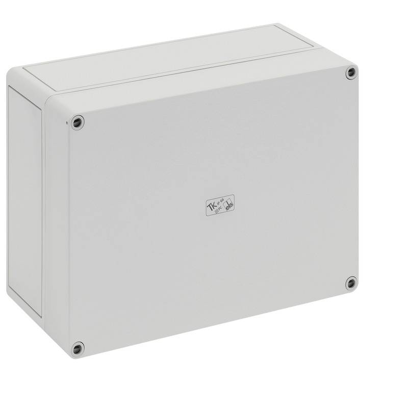 Boîte de jonction électrique en métal gris clair avec un couvercle avant amovible et quatre vis d'angle, présentée sur un fond blanc.
