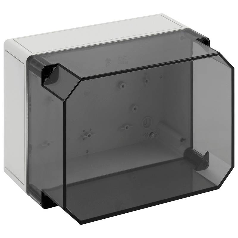 Boîtier en plastique fumé transparent avec façade ouverte, montrant un boîtage interne de couleur grise de forme rectangulaire et des points de fixation.