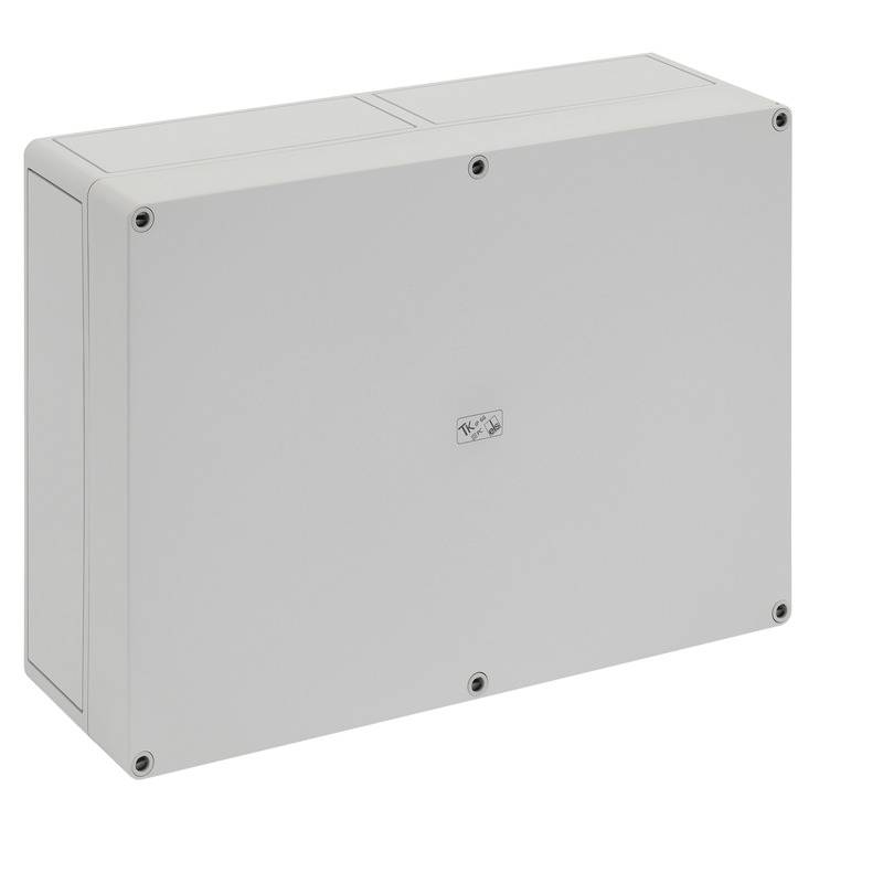 Boîtier de jonction électrique en métal gris avec couvercle fixé par vis, présenté isolé sur fond blanc.