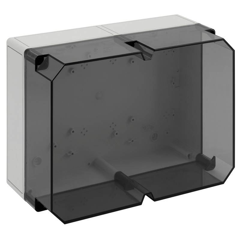 Housse de protection en plastique translucide de couleur fumée avec un panneau avant articulé sur un boîtier d'appareil rectangulaire.