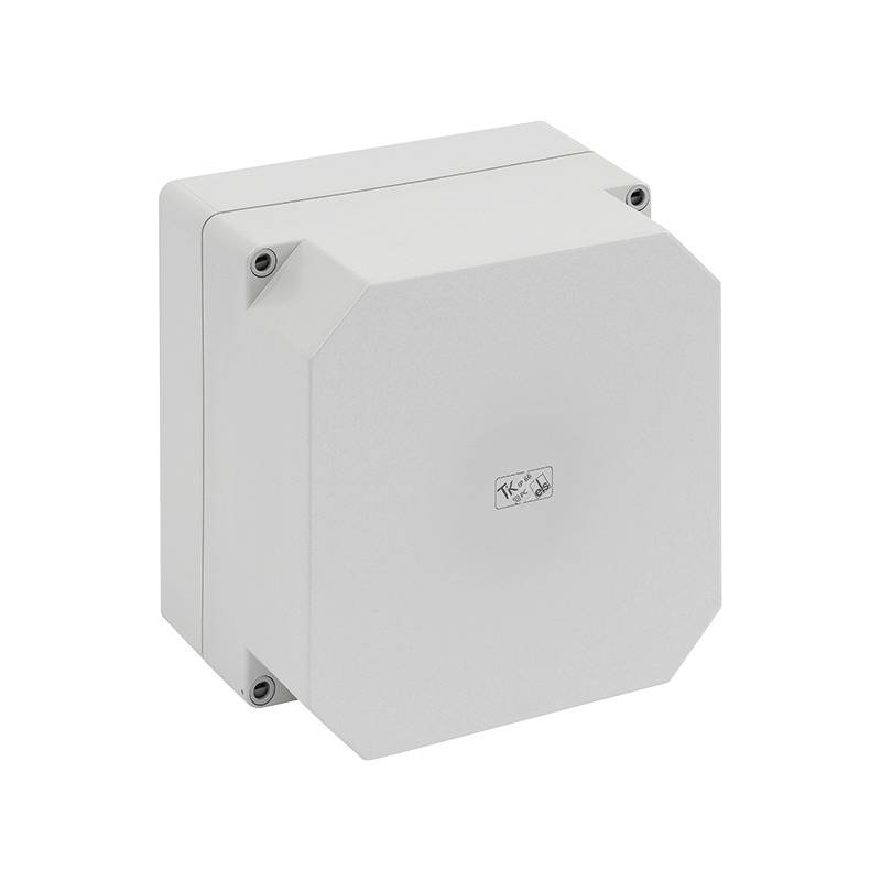 Boîtier de jonction électrique gris avec un couvercle avant à charnière et quatre vis d'angle sur un fond blanc.