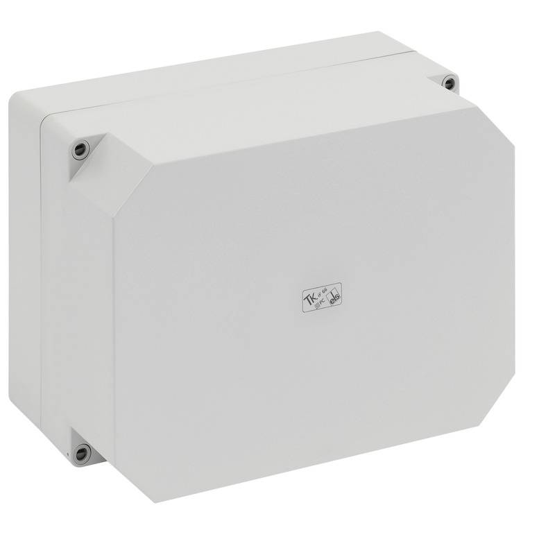 White rectangular electrical junction box with a plain cover and four corner screw mounts, shown on a white background.