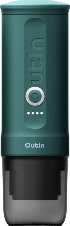 Moulin à café portable de couleur bleu-vert avec un bouton d'alimentation argenté et des indicateurs LED. La marque « OutIn » est imprimée sous le bouton.