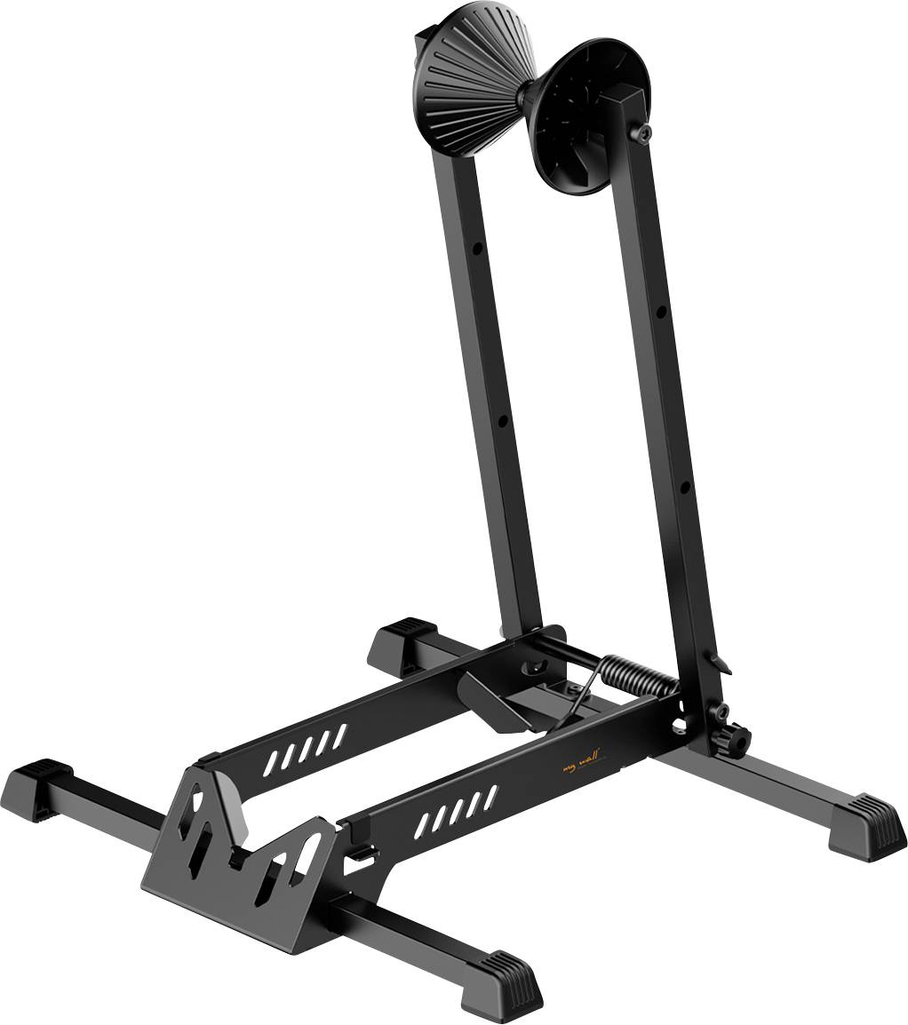 Support de réparation de vélo avec un étau et une base à ressort, conçu pour maintenir les vélos en position verticale lors de la maintenance ou du stockage.