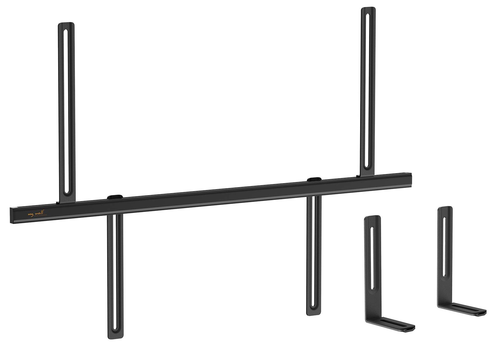 Kit de support mural pour téléviseur, avec barres métalliques noires et supports verticaux, conçu pour l'installation ajustable de téléviseurs à écran plat.